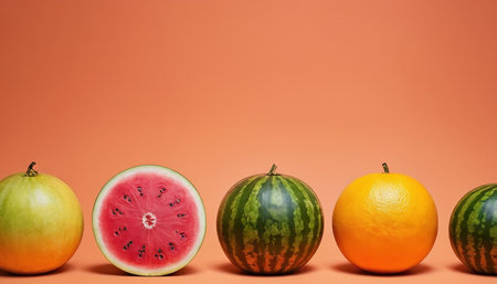 Watermelon, orange and watermelon on orange background with copy spaceの素材
