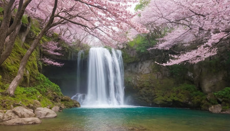 Cherry blossoms and the waterfall in Kawaguchiko, Japanの素材