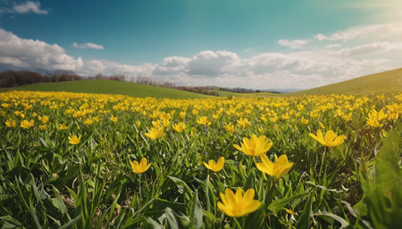 Yellow tulips on a green meadow in springtime. Beautiful spring landscape.の素材