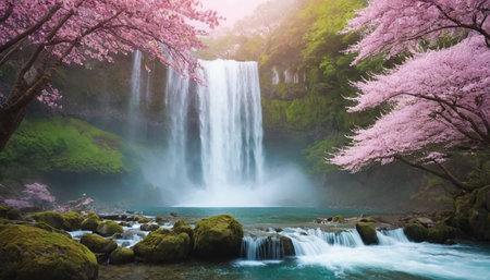 Cherry blossom and waterfall in spring season,Takayama,Japanの素材