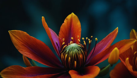 Close up of a beautiful orange clematis flower with black backgroundの素材