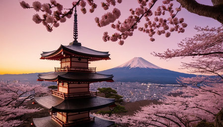 Mt Fuji and Chureito Pagoda with cherry blossom in Japanの素材