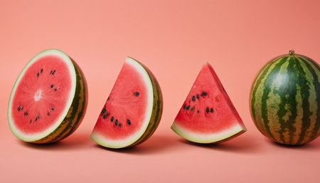 Watermelon slices on a pink background. Minimal still life.の素材
