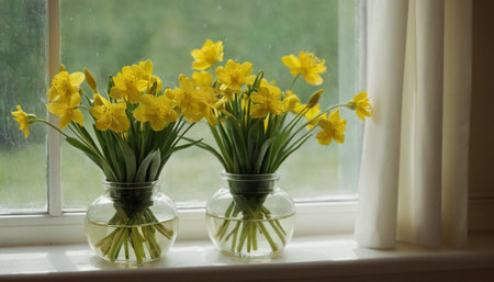 Yellow daffodils in vases on the windowsill.の素材