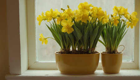 Yellow daffodils in pots on the windowsill. Spring flowersの素材