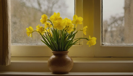 Yellow daffodils in a clay vase on the windowsillの素材
