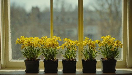 Yellow daffodils in pots on the windowsill. Spring flowersの素材