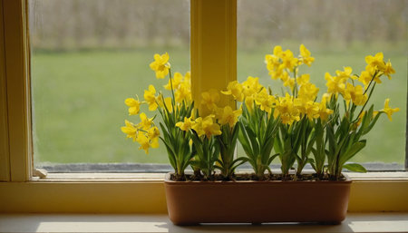 Yellow daffodils in a pot on the windowsill.の素材