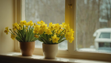 Yellow daffodils in a vase on the windowsillの素材