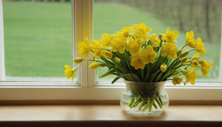 Bouquet of daffodils in a vase on the windowsillの素材