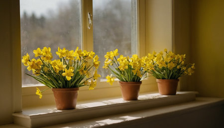 Yellow daffodils in vases on the windowsill.の素材
