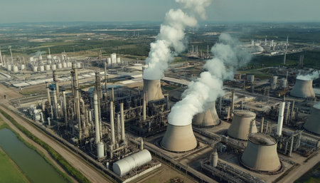 Aerial view of power plant with smoking chimneys in Poland.の素材