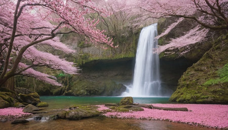 Cherry blossom and waterfall in spring season, Takayama, Japanの素材