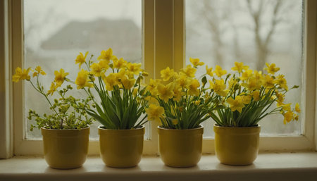 Yellow daffodils in yellow pots on a windowsill.の素材