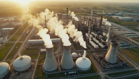 Aerial view of power plant with smoke from chimneys at sunsetの素材