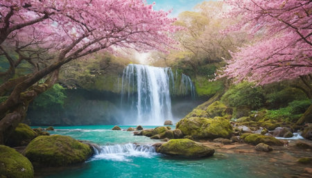 Waterfall with pink cherry blossom in Kanchanaburi, Thailandの素材