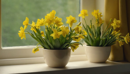 Beautiful yellow daffodils in vase on windowsillの素材