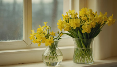 Yellow daffodils in a vase on the windowsillの素材