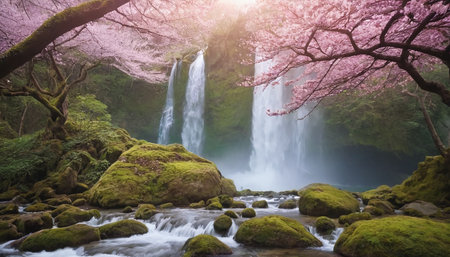 Cherry blossom and kawaguchiko falls, Yamanashi, Japanの素材