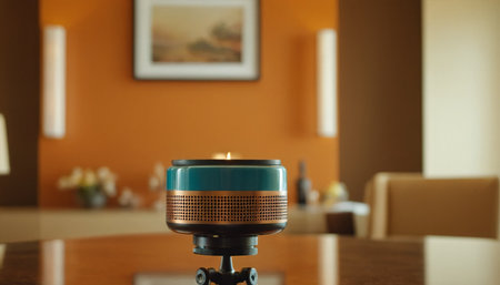 Close-up of a blue speaker on a table in a restaurantの素材