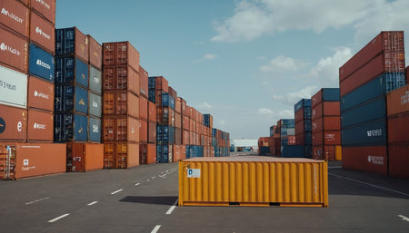 Container terminal with freight containers. Freight transportation and logistics concept.の素材