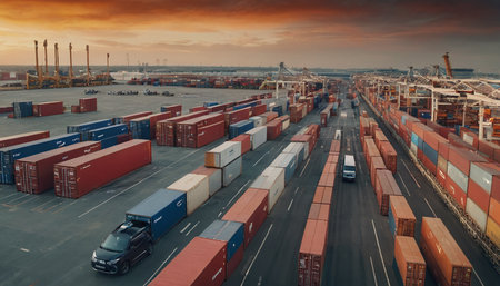 Aerial view of a container terminal and freight ship at sunset.の素材