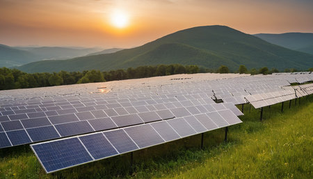 Solar energy panels on a green meadow with mountains in the backgroundの素材