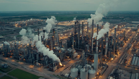 Aerial view of petrochemical plant with smoking chimneys.の素材