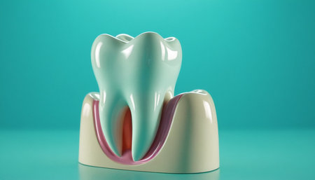 Tooth model on a blue background. 3d render illustration.の素材