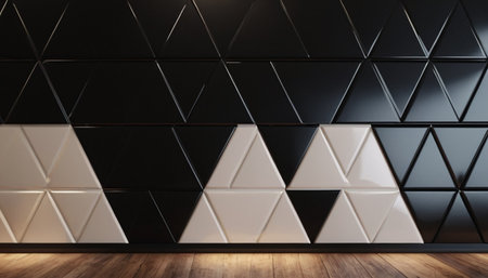 Black and white geometric pattern wall and wooden floor. 3d renderingの素材