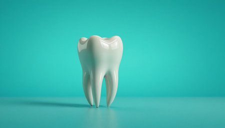 Tooth model on a blue background. 3d render illustration.の素材