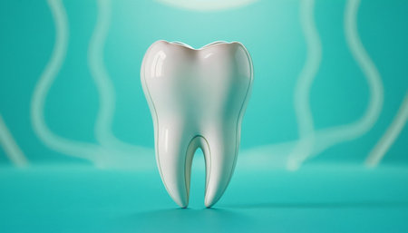Tooth model on a blue background. 3d render illustration.の素材