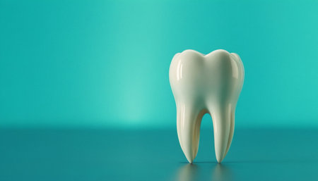 Tooth model on blue background. Dentistry and dental care concept.の素材