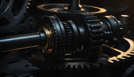 Gear wheels close up. Cogwheel gear mechanism. Industrial backgroundの素材