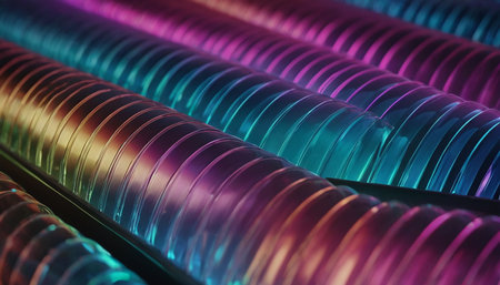 abstract background of rows of colored glass tubes in a modern factoryの素材