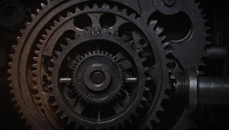 Close-up of gears and cogs in the mechanism of an old machineの素材