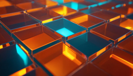 Abstract background of blue and orange cubes. 3d render illustration.の素材