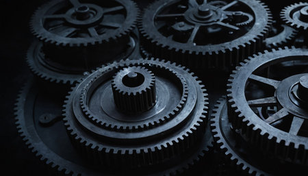 Mechanical gear wheels on dark background, close-up. Selective focus.の素材