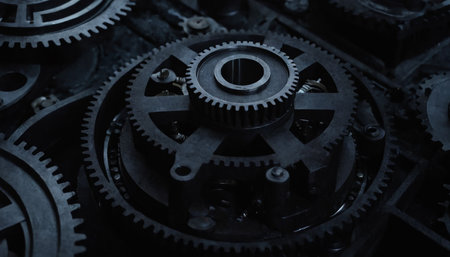 closeup of gears and cogwheels of an old machine.の素材
