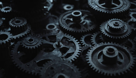 Close-up of metal gears and cogwheels on black backgroundの素材
