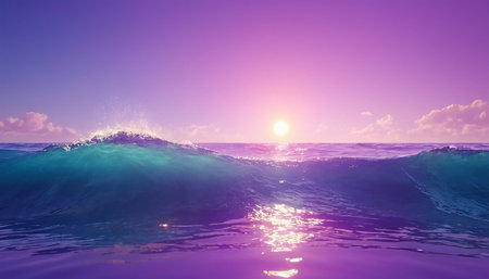 3D render of a blue ocean wave with sunset in the backgroundの素材