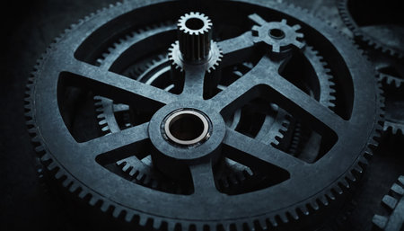 Black gear wheel close-up. Conceptual photo of time.の素材