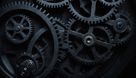 Close up of gears and cogs on black background. Toned.の素材