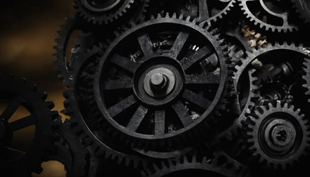 Gears and cogs on a dark background. Toned.の素材