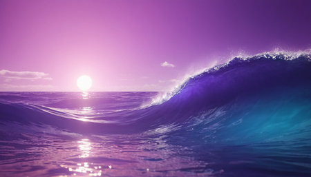 Ocean wave on sunset background. 3d render illustration. Conceptual imageの素材