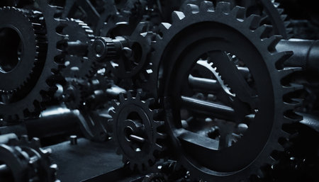 Close up of gears and cogwheels of a modern industrial machineの素材