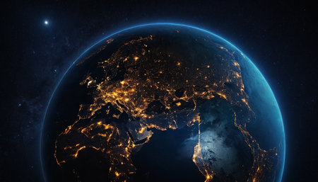 Earth from space showing visible country borders and city lights. 3D illustration.の素材