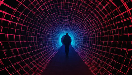 3d rendering of a man in a dark tunnel with neon lightsの素材