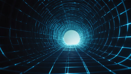 Abstract futuristic tunnel with glowing lines and dots. 3D Renderingの素材