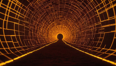 3d illustration of a dark tunnel with glowing lights and a glowing pathの素材